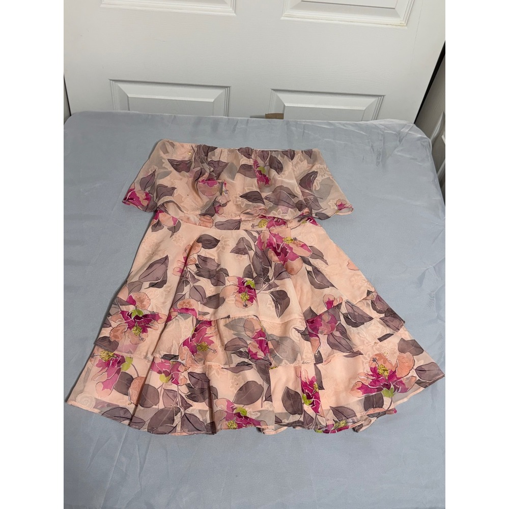 Lulus Strapless Tropical Floral Jacquard Tiered Mini Dress Pink Gold Small